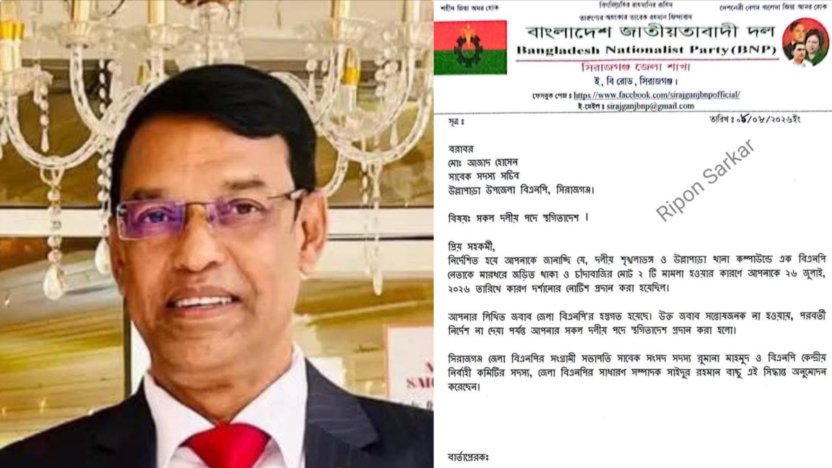 উল্লাপাড়ায় বিএনপির সাবেক সদস্য সচিব আজাদ হোসেনের দলীয় পদ স্থগিত