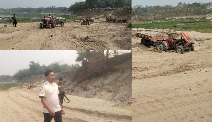মনোহরদীর ব্রহ্মপুত্র নদ থেকে বালু তোলে বিক্রি, ৪ ট্রলি জব্দ